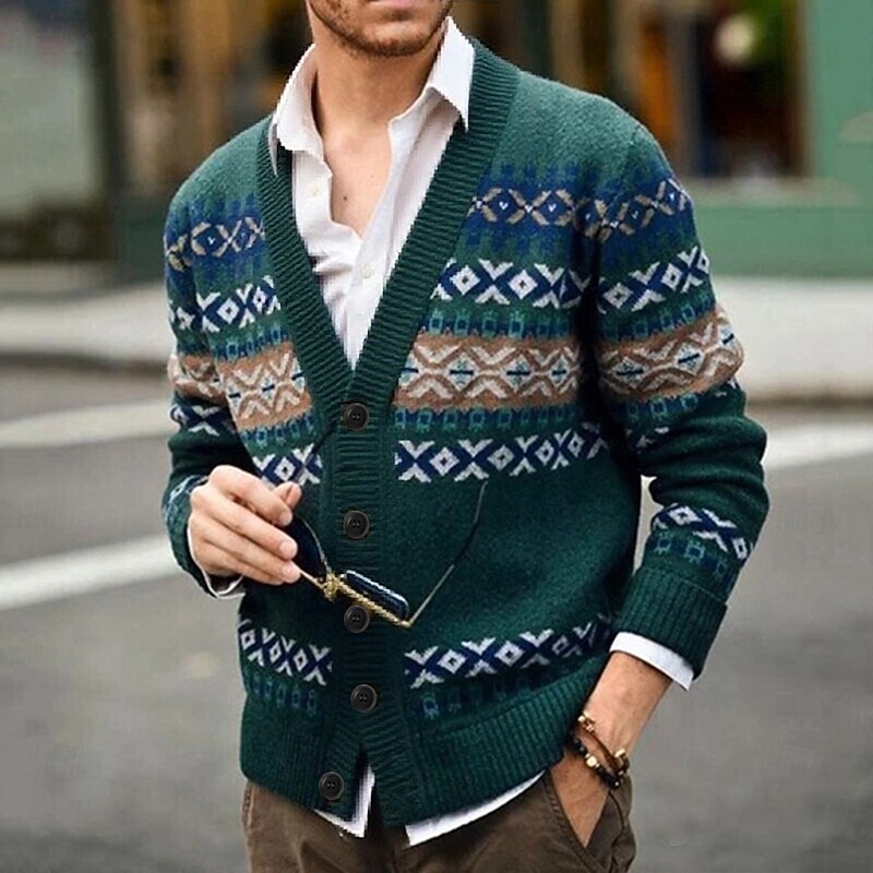 Men's Fair isle Sweater Cardigan Sweater V Neck Casual School Vacation Daily 3D Print Knitting Keep Warm Long Sleeve Spring Fall Winter Green2