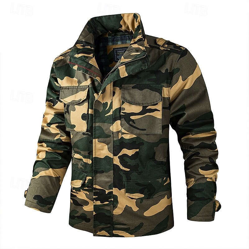 Men's Lightweight Jacket Cargo Jacket Casual Jacket Vacation Daily Wearproof Pocket Spring Fall Camouflage Fashion Classic Stand Collar Regular Black Army Green Dark Blue Jacket