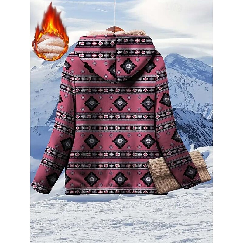 Women's Zip Up Hoodies Graphic Geometric Paisley Elegant Warm Vintage Long Sleeve Hooded Regular Tops Home Work Street Patchwork Zipper Print Red Spring Fall Winter2