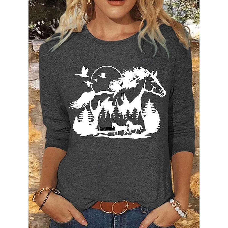Women's T Shirt Graphic Animal Horse Vintage Stylish Classic Long Sleeve Crew Neck Round Neck Regular Tops Daily Print Pink Blue Khaki Gray Spring Fall Winter