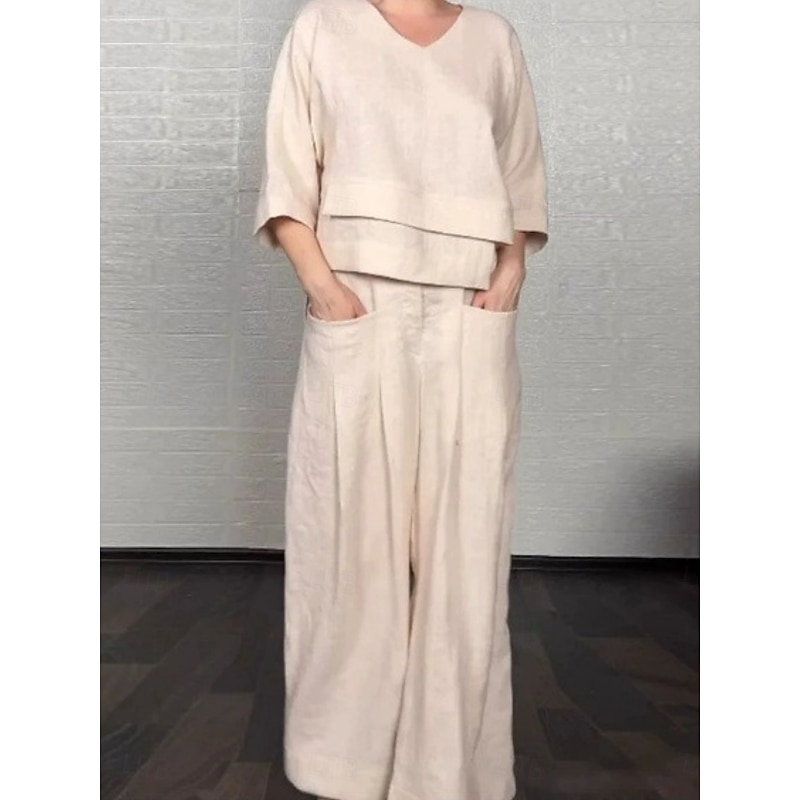 Women's Fashion Streetwear Pants Sets Bolero Top 3/4 Length Sleeve V Neck Solid Color Outdoor Work Casual Black White Pink Spring Loose Fit2