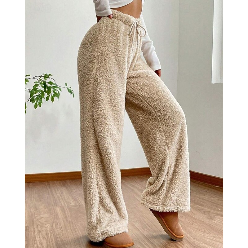 Women's Fleece Pants Wide Leg Pants Trousers Basic Casual Full Length Mid Waist Plain Elastic Waist Thermal Warm Micro-elastic Outdoor Street Camel Black Khaki Fall Winter Regular Fit4