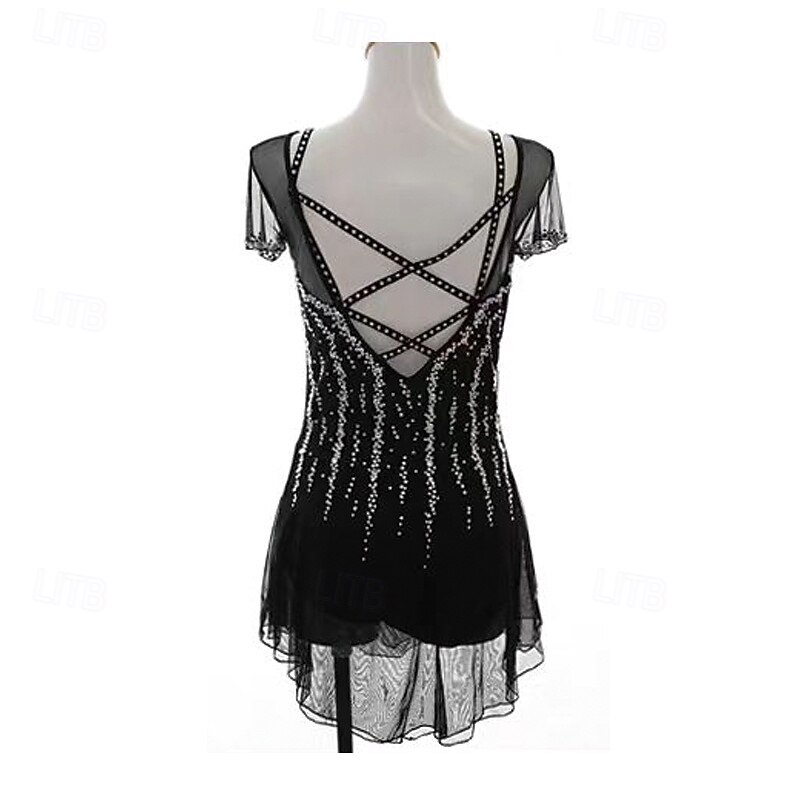 Figure Skating Dress Women's Girls' Ice Skating Dress Black Patchwork Thumbhole Spandex Mesh Stretchy Training Practice Professional Skating Wear Thermal Warm Crystal / Rhinestone Long Sleeve Ice2