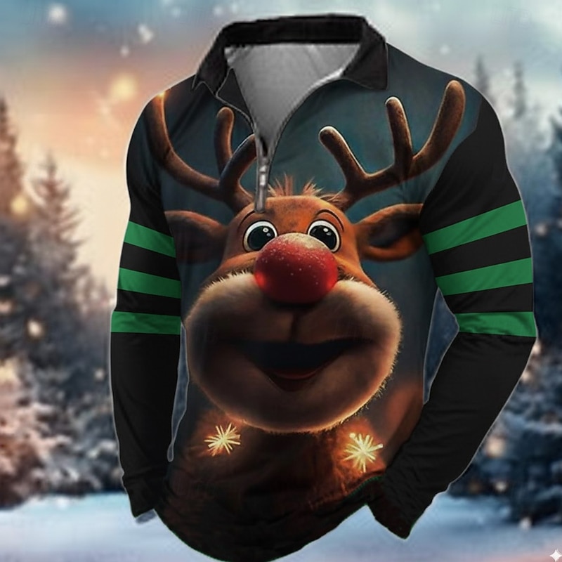 Christmas Men's Reindeer Polo Long Sleeve Turndown Modern Leisure Sports & Outdoor Outdoor clothing Festival Zipper 3D Print Spring Fall Winter Black Green Red2