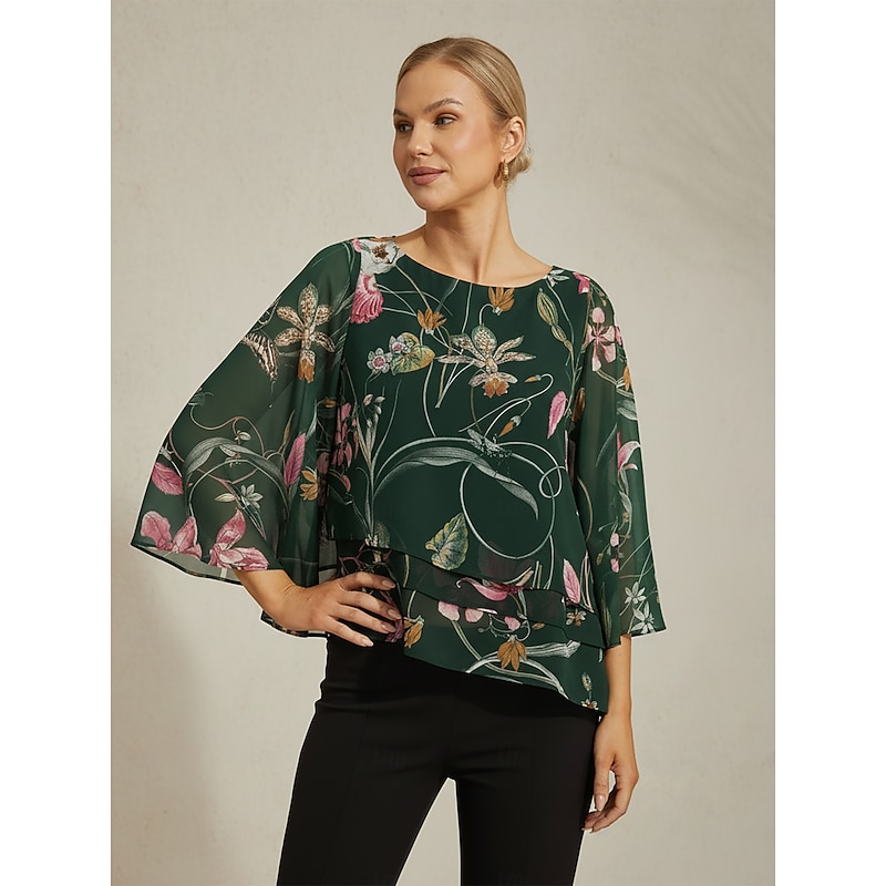 Women's Blouse Sheer Chiffon Green Floral Print Half Sleeve Layered Hem Round Neck Pullover