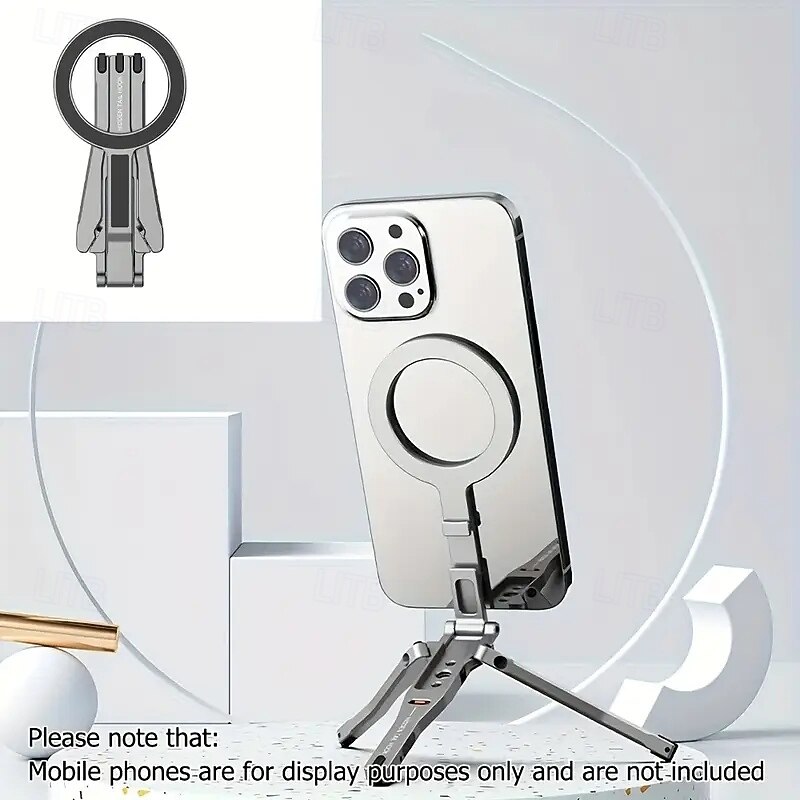 Metal Magnetic Tripod Stand Foldable Desktop Phone Holder Foldable Phone Tripod with Hook Phone Reader Stand Compatible with MagSafe