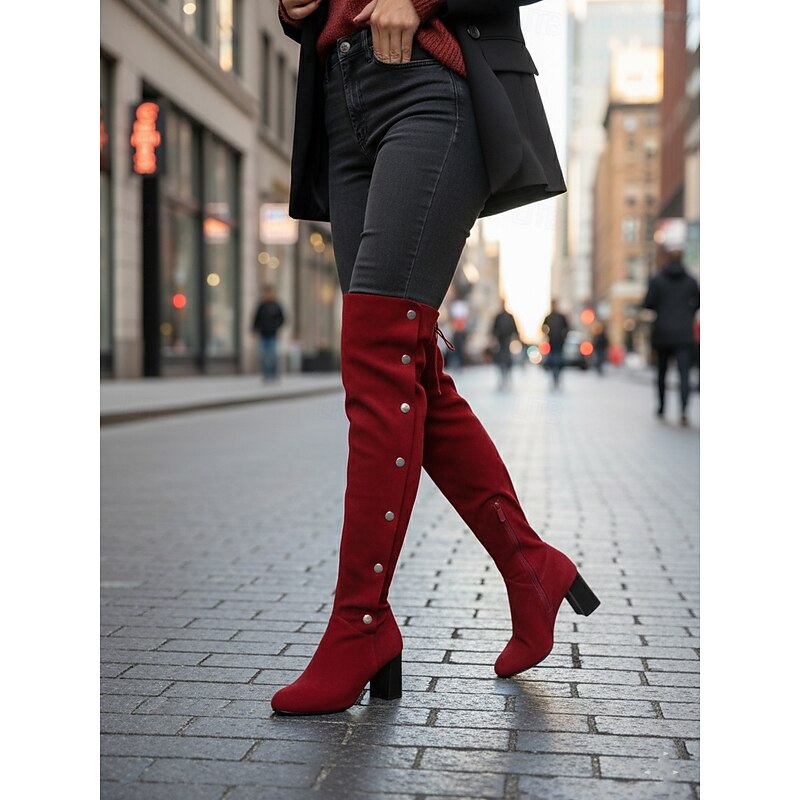 Women's Burgundy Fold-Over Suede Over-the-Knee Boots with Block Heels and Decorative Buttons - Versatile Fall & Winter Fashion Footwear for Stylish Streetwear and Night Out Looks3