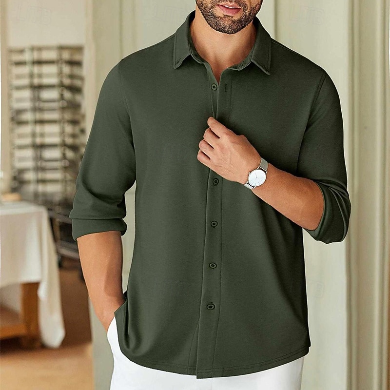 Men's Shirt Dress Shirt Button Up Shirt Plain Wedding Party Army Green Light Sky Blue Long Sleeve Lapel Spring Fall Clothing Apparel