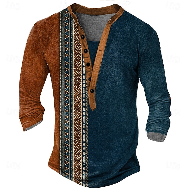 Men's Geometric Ethnic T Shirt Henley Shirt Long Sleeve Designer Retro Vintage Ethnic Street Casual Daily Summer Spring Fall Brown Green Blue khaki Henley Henley T-Shirt