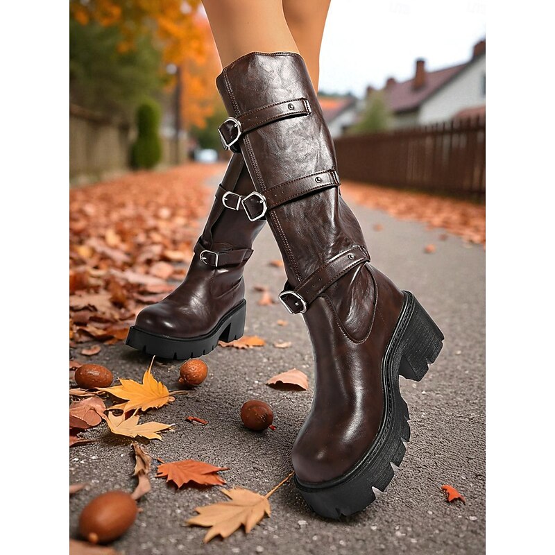 Women's Boots Riding Boots Outdoor Daily Knee High Boots Buckle Platform Chunky Heel Round Toe Western Walking Faux Leather Buckle Black Brown4