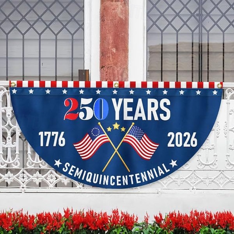 1776-2026 USA 250th Anniversary Half Round Fan Flag, Patriotic American Outdoor Bunting Banner for House, Porch, Yard, or Independence Day Decoration
