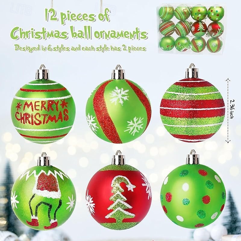 12 Pcs Christmas Ball Ornaments Baubles for Tree,2.4 Inch Red and Green Glittering Hanging Bulbs Pendants for Christmas Tree Decorations2