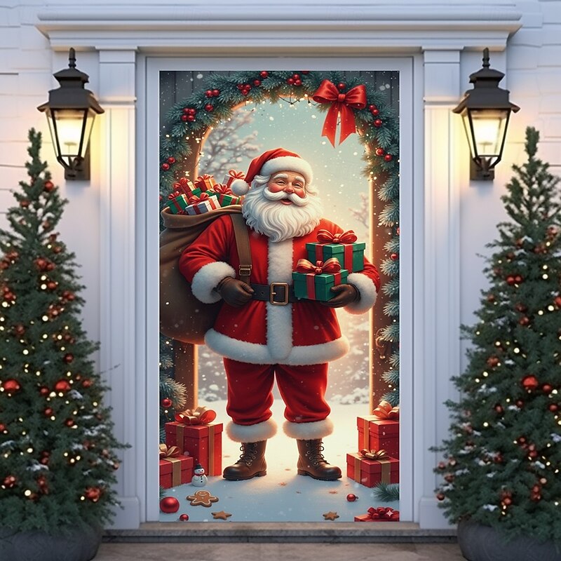Christmas Door Cover Winter Holiday Decoration Drapes with Santa Claus Holding Gifts Christmas Wreath and Open Door Print for Home Entryway Living Room Bedroom Indoor Outdoor Festive Seasonal Decor