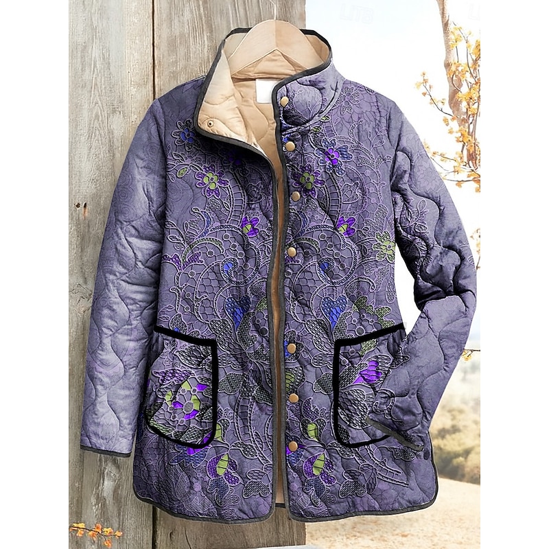 Women's Quilted Jacket Waterproof Windproof Embroidered Active Vintage Fashion Daily Floral Vacation Home Street Casual Regular Stand Collar Regular Fit Long Sleeve Outerwear Red Blue Purple Fall4