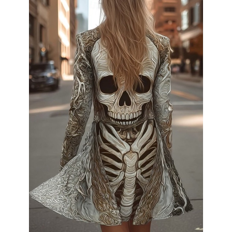 Halloween Women's Coat Lightweight Comfortable Skulls Print Vintage Artistic Casual Skull Casual Long Collarless Regular Fit Long Sleeve Outerwear Black White Brown Spring Fall2