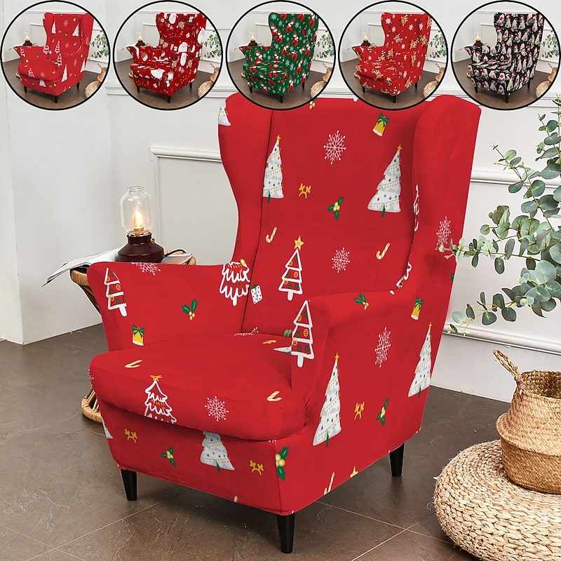 Christmas Wingback Chair Cover, Floral / Striped / Geometric Printed Polyester Slipcover, Holiday Decorative Chair Protector for Home