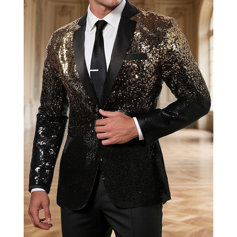 Men's Blazer Business Cocktail Party Wedding Party Fashion Casual Spring Fall Polyester Gradual Sequins Pocket Comfortable Single Breasted Blazer Blue Purple Gold Green
