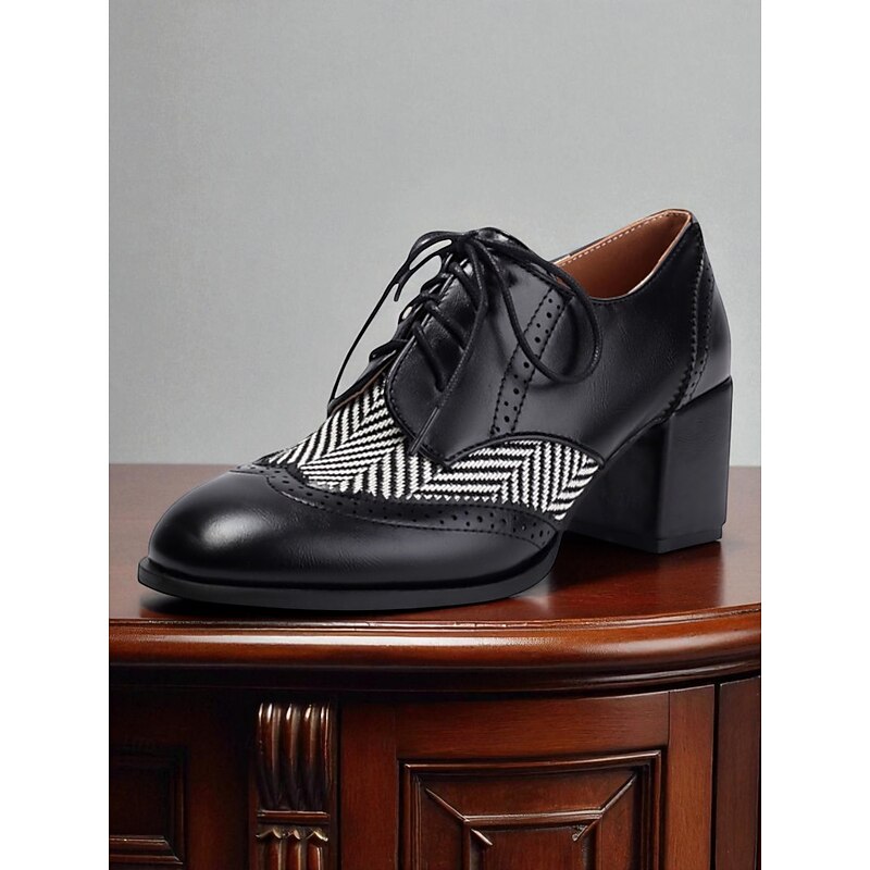 Women's Black Herringbone Oxford Chunky Heel Shoes – 1950s Vintage Faux Leather Brogue Lace-Up Pumps for Work, College and Street Style3