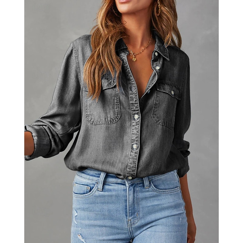 Women's Shirt Blouse Plain Casual Long Sleeve Shirt Collar Regular Tops Daily Holiday Going out Pocket Buttons Dark Gray Spring Fall
