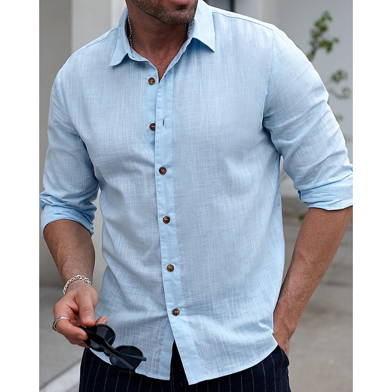 Men's Shirt Summer Shirt Casual Shirt Beach Shirt Button Up Shirt Light Blue Long Sleeve Plain Lapel Vacation Hawaiian Clothing Apparel Fashion Casual Comfortable2