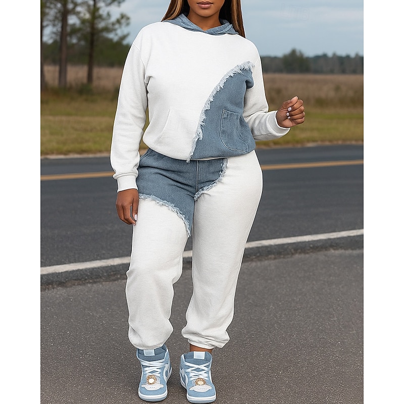 Women's 2 Piece Tracksuit Lounge Hoodie Sweatsuit Sets Baggy with Pocket Color Block Clothing Suit Fall White Blue Hiking Vocation Outdoor Long Sleeve Sport Activewear Micro-elastic Regular Fit