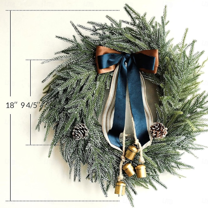 Christmas Norfolk Pine Christmas Wreath with Bells and Ribbon Decorations Artificial Pine Greenery Winter Wreath for Home Table Wall Window Porch Door Indoor Outdoor Decor3
