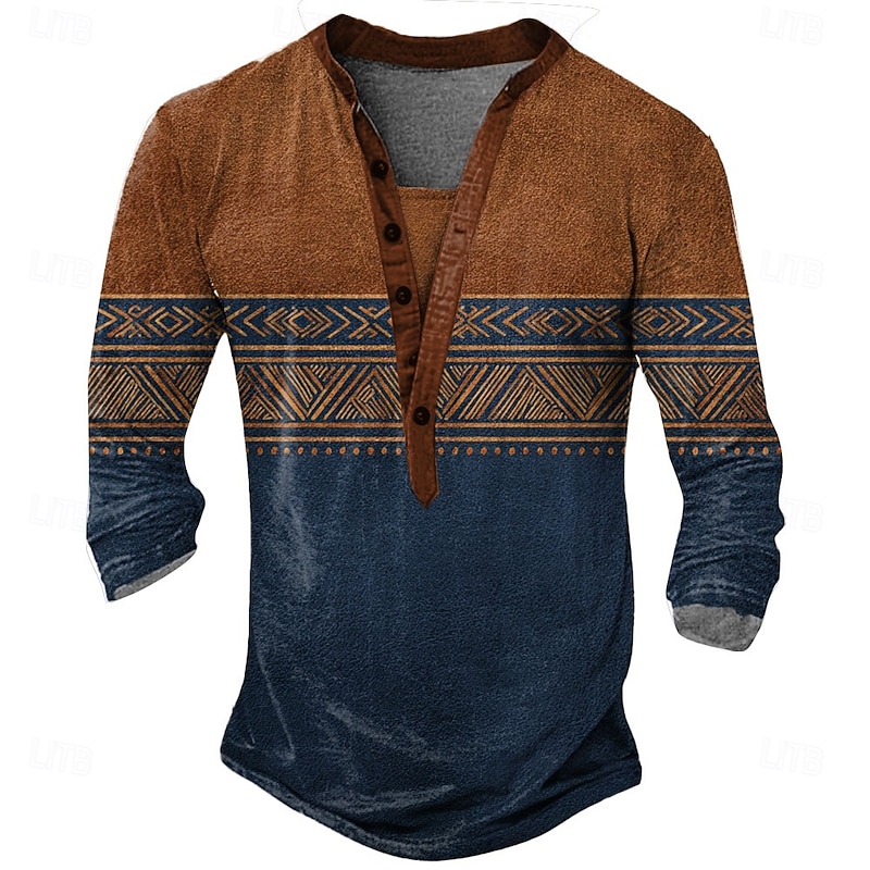 Men's Geometric Ethnic T Shirt Henley Shirt Long Sleeve Designer Retro Vintage Ethnic Street Casual Daily Summer Spring Fall Dark Brown Green Blue khaki Henley Henley T-Shirt