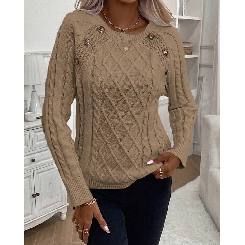 Women's Sweater Pullover Fashion Casual Pure Color Ribbed Crew Neck Buttons Knitted Long Sleeve Regular Tops Knit Outdoor Daily Weekend Khaki Coffee Fall Winter4