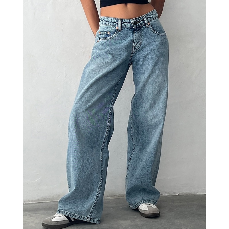 Women's Jeans Culottes Wide Leg Chinos Vintage Streetwear Casual Full Length Medium Waist Plain Pocket Elastic Waist Comfortable Inelastic Outdoor Vacation Street Black Grey River Blue Light Sky Blue