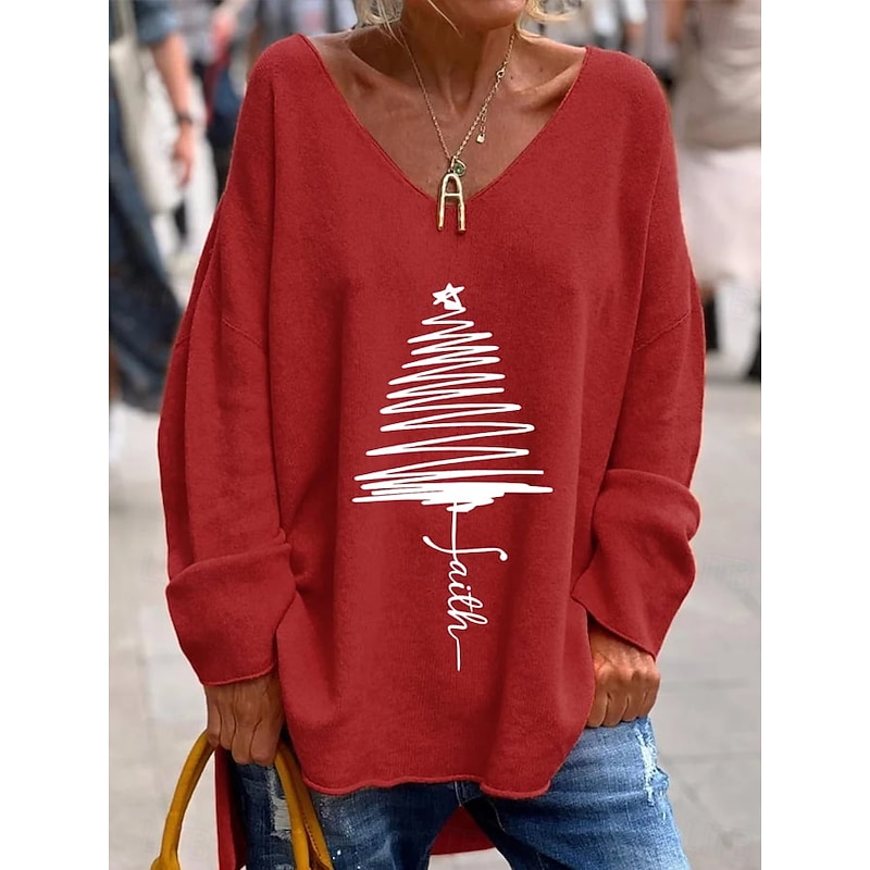 Christmas Women's T Shirt Graphic Christmas Tree Elegant Vintage Fashion Long Sleeve V Neck Regular Tops Daily Weekend Print Pink Red Green Khaki Spring Fall Winter