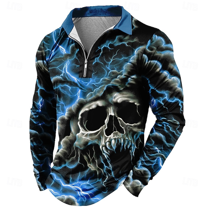 Day of the Dead Men's Skull Polo Long Sleeve Polo Shirts Lapel Casual Dark Daily Wear Festival Outfit 3D Print Quarter Zip Polo Spring Fall Winter Red Blue Brown2