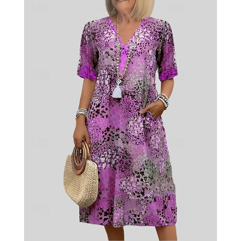 Women's Midi Dress Print Dress Fashion Modern Vacation Going out Regular Fit Graphic Short Sleeve V Neck Red Blue Purple Khaki Spring Fall4