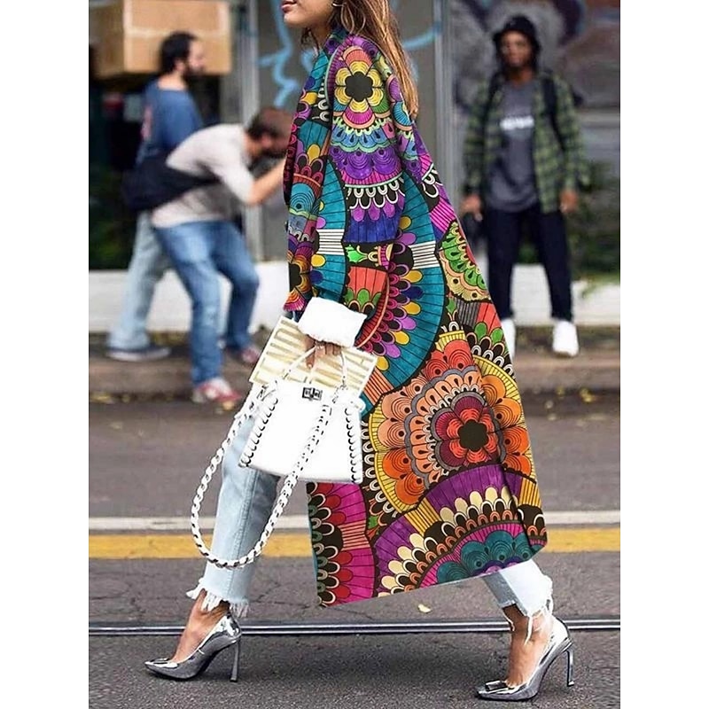 Women's Winter Coat Comfortable Breathable Print Casual Floral Vacation Street Casual Daily Wear Open Front Long Collarless Regular Fit Long Sleeve Outerwear Pink Navy Blue Blue Spring Fall2