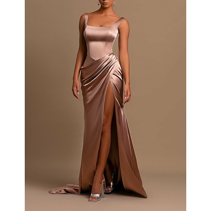 Mermaid Evening Gown High Split Dress Wedding Guest Cocktail Party Floor Length Sleeveless Scoop Neck Bridesmaid Dress Satin with Ruched Masquerade Dress