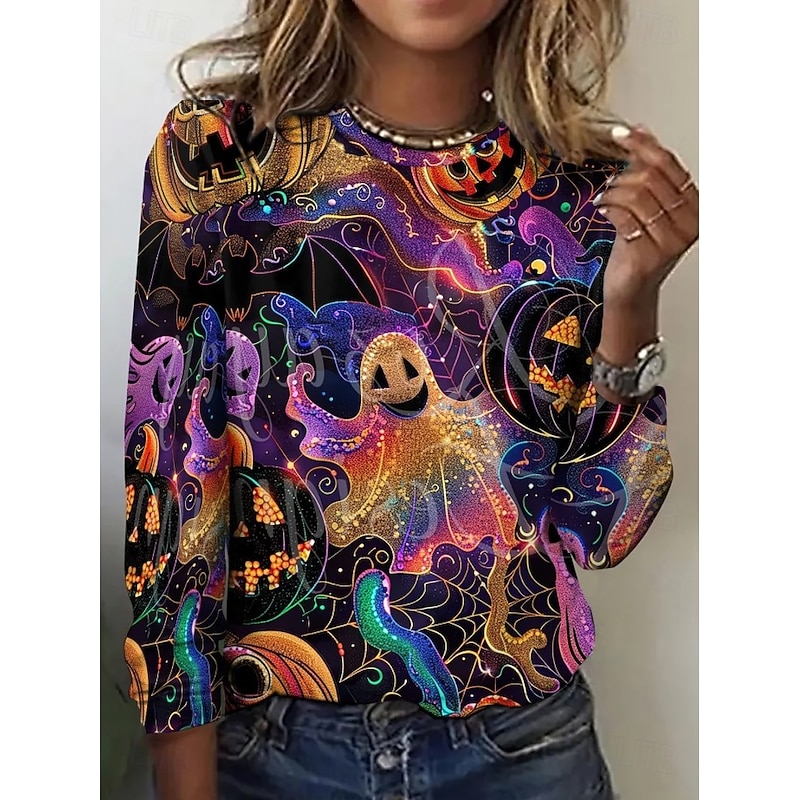 Halloween Women's T shirt Black Cat Graphic Cat Pumpkin Vintage Fashion Stylish Long Sleeve Crew Neck Round Neck Regular Tops Daily Weekend Print Black White Pink Blue Purple Spring Fall Winter