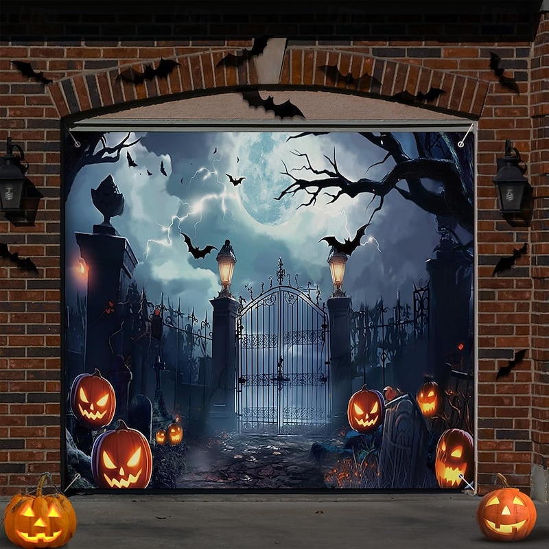 Halloween Garage Door Cover Large Hanging Backdrop Pumpkin Cemetery 3D Dark Punk Gothic Style Party Outdoor Shooting Backgrounds Yard Haunted House Home Decor2