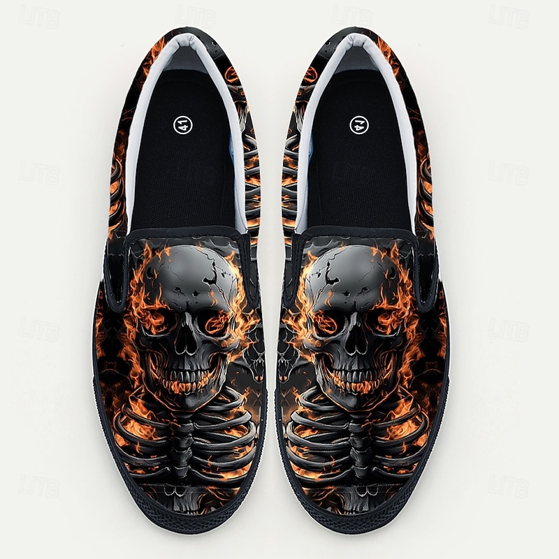 Men's Black Flame Skull Slip-On Sneakers Gothic Punk Style Casual Shoes for Halloween Events, Concerts, Street Fashion and Daily Wear