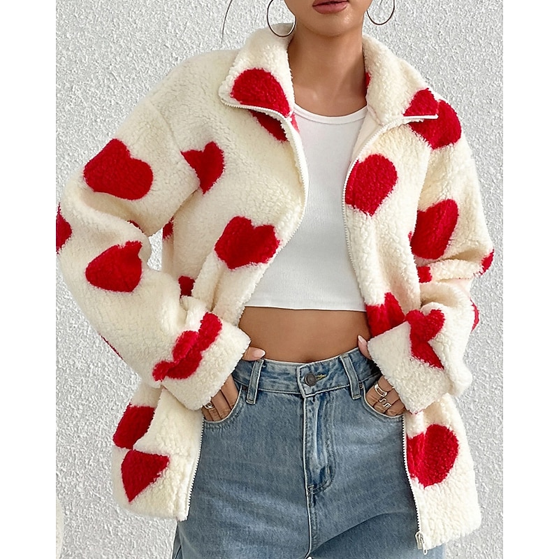 Women's Teddy Coat Warm Comfortable Zipper Casual Heart Vacation Daily Wear Going out Weekend Regular Stand Collar Loose Fit Long Sleeve Outerwear Black Red Khaki Fall Winter2