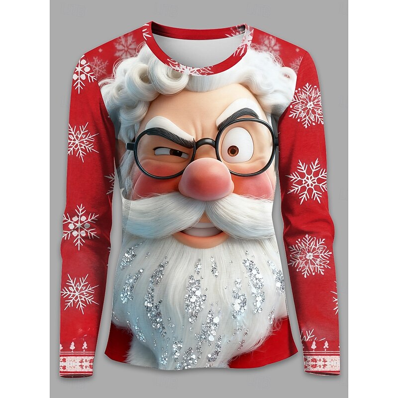 Christmas Women's T Shirt Santa Claus Snowflake Vintage Stylish Classic Long Sleeve Crew Neck Regular Tops Weekend Print White Red off-white Winter