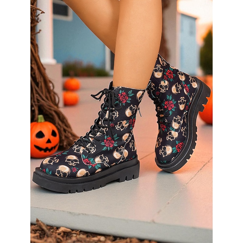 Women's Halloween Skull Print Combat Boots – Lace-Up Chunky Sole Ankle Booties with Roses for Gothic Festival and Cosplay Party Look3