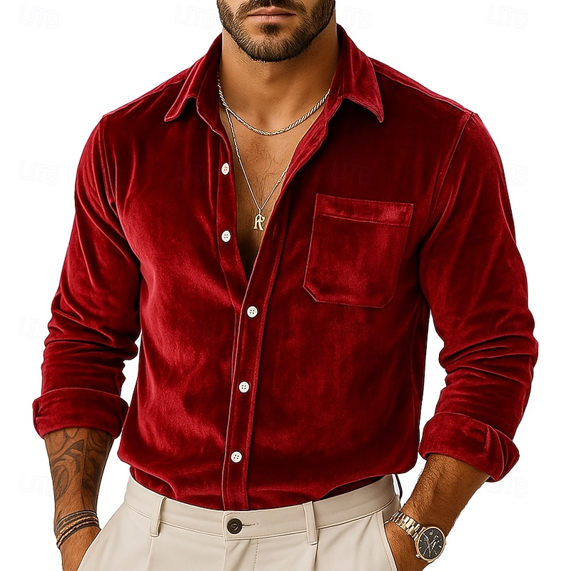 Men's Shirt Yellow Wine Royal Blue Green Long Sleeve Solid Color Plain Shirt Collar Carnival Christmas Pocket Clothing Apparel Christmas Elegant Warm Active