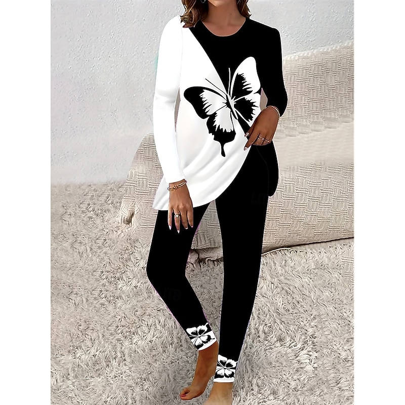 Women's Elegant Vacation Fashion T Shirt Pants Sets Long Sleeve Crew Neck Round Neck Graphic Butterfly Print Casual Daily Casual Daily White Blue Spring Regular Fit2
