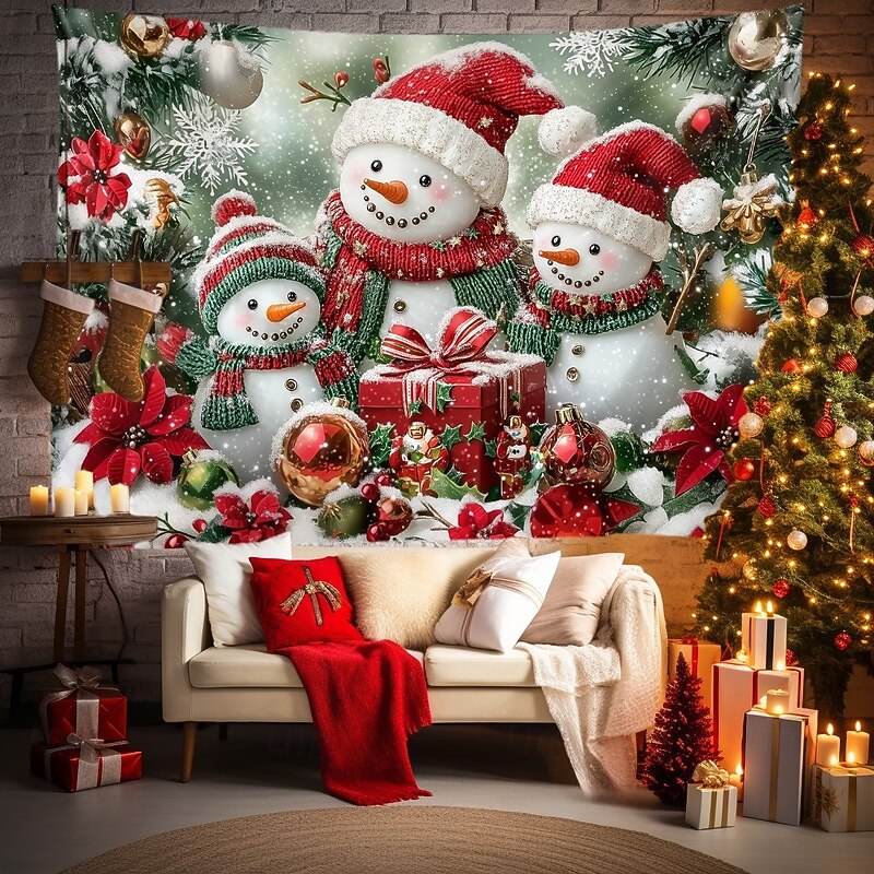 Chrismas Hanging Tapestry Snowman Candy Cane Christmas Tree Ornament Balls Large Wall Art Mural Decor Blanket Curtain Holiday Home Bedroom Living Room Festive Party Decoration3