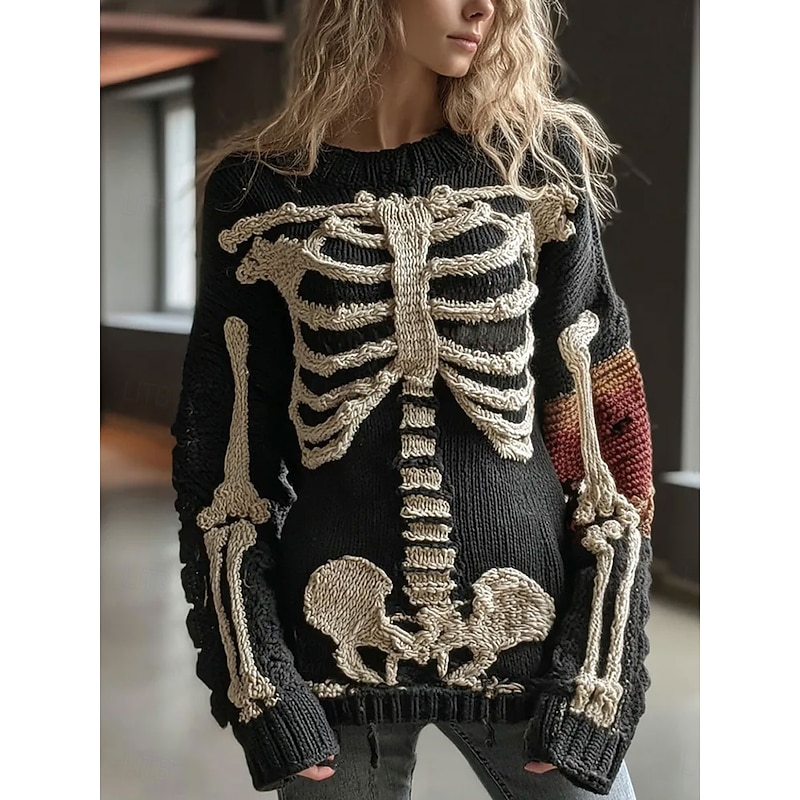 Halloween Women's Sweater Skeleton  Cute Streetwear Casual Graphic Skeleton Crew Neck Patchwork Knitted Long Sleeve Regular Tops KnitBlack Fall Winter