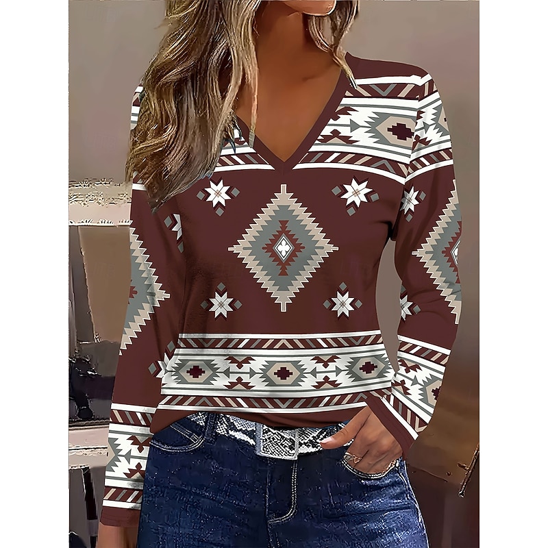 Women's T Shirt Graphic Geometric Tribal Vintage Stylish Classic Long Sleeve V Neck Regular Tops Daily Print Maroon Spring Fall Winter