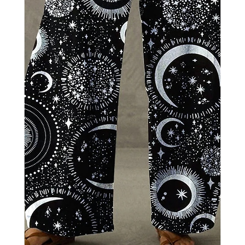 Women's Wide Leg Pants Trousers Vacation Ethnic Style Basic Full Length High Waist Star Moon Pocket Elastic Waistband Print Comfy Breathability Inelastic Vacation Casual Daily Black Spring Fall Loose3