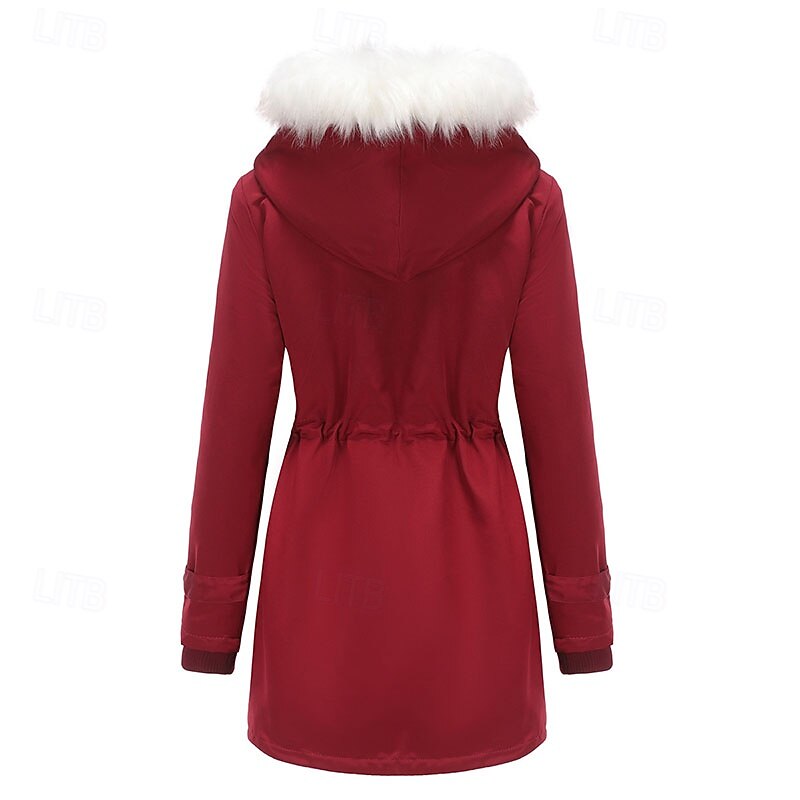 Women's Parka Warm Comfortable Zipper Pocket With Belt Fur Collar Casual Solid Color Vacation Street Casual Daily Wear Long Hooded Regular Fit Long Sleeve Outerwear Black Pink Wine Winter4