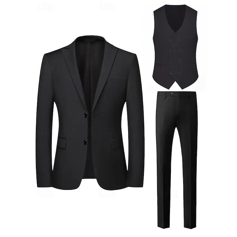 Men's Wedding Casual Party Suits Peaked Lapel Black Dark Blue Formal Solid Colored Tailored Fit 3 Piece Single Breasted Two-buttons3