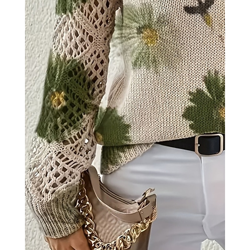 Women's Sweater Fashion Basic Casual Floral Ribbed V Neck Floral Knitted Long Sleeve Regular Tops Knit Outdoor Daily Weekend Green Spring Fall3