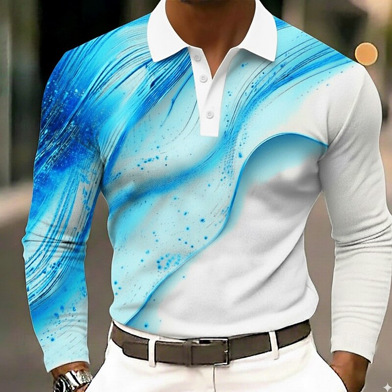 Men's Abstract Geometic Polo Long Sleeve Polo Shirts Lapel Business Casual Outdoor Athleisure Daily Wear 3D Print Buttons Spring Fall Winter Blue Gold Green2